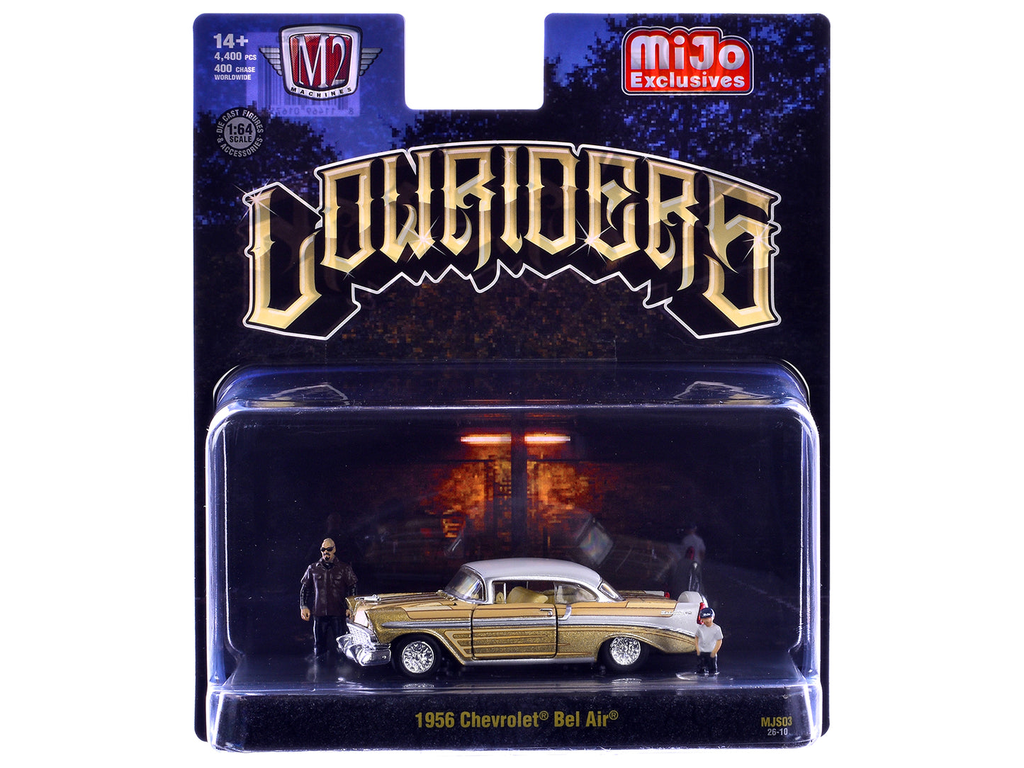 1956 Chevrolet Bel Air Lowrider Gold Metallic with Gold Interior and White Top with 2 Figures Limited Edition to 4400 pieces Worldwide 1/64 Diecast Model Car