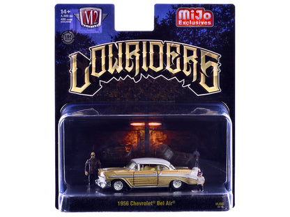 1956 Chevrolet Bel Air Lowrider Gold Metallic with Gold Interior and White Top with 2 Figures Limited Edition to 4400 pieces Worldwide 1/64 Diecast Model Car