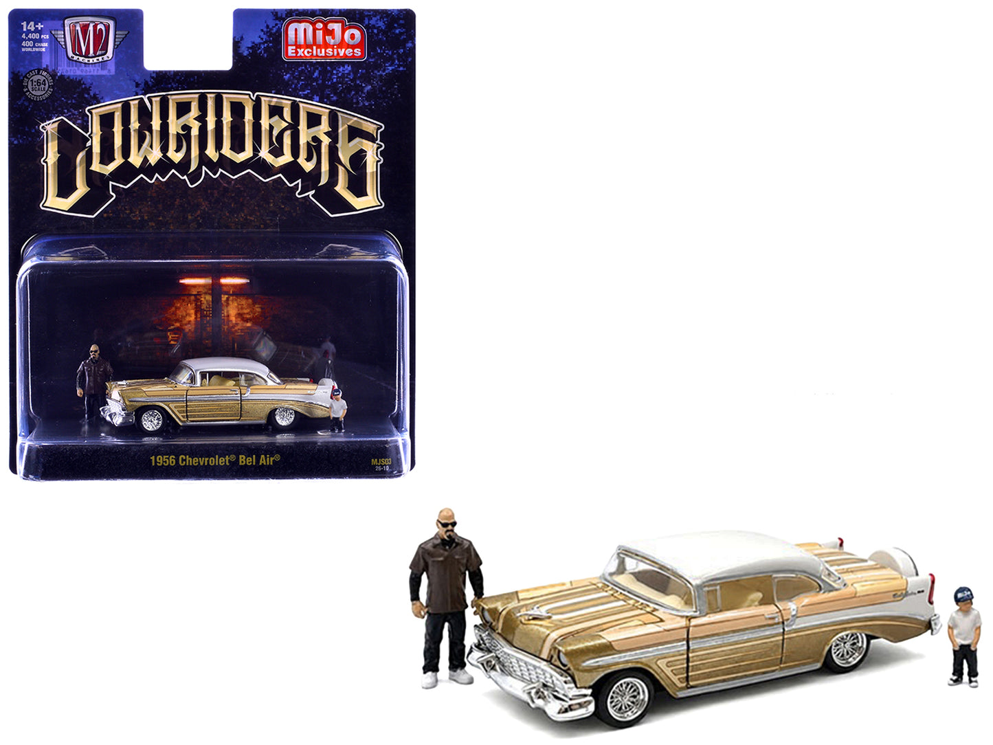 1956 Chevrolet Bel Air Lowrider Gold Metallic with Gold Interior and White Top with 2 Figures Limited Edition to 4400 pieces Worldwide 1/64 Diecast Model Car
