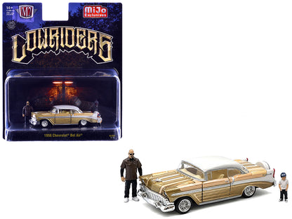 1956 Chevrolet Bel Air Lowrider Gold Metallic with Gold Interior and White Top with 2 Figures Limited Edition to 4400 pieces Worldwide 1/64 Diecast Model Car