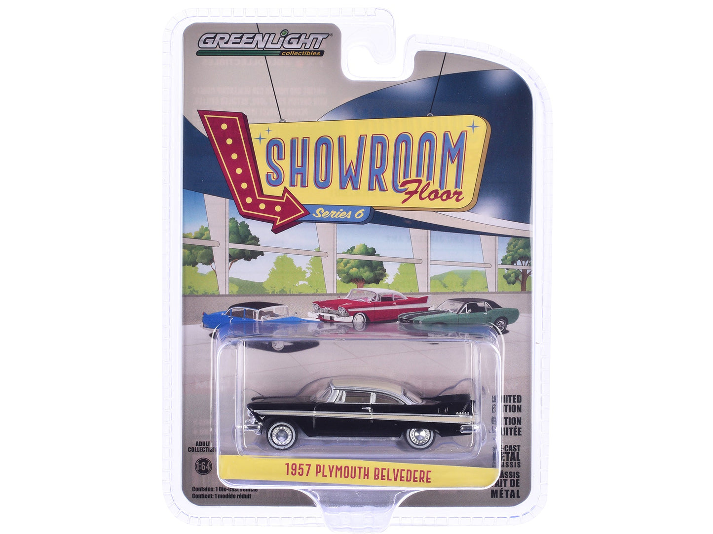 1957 Plymouth Belvedere Jet Black with Sand Dune White Top and Stripes "Showroom Floor" Series 6 1/64 Diecast Model Car
