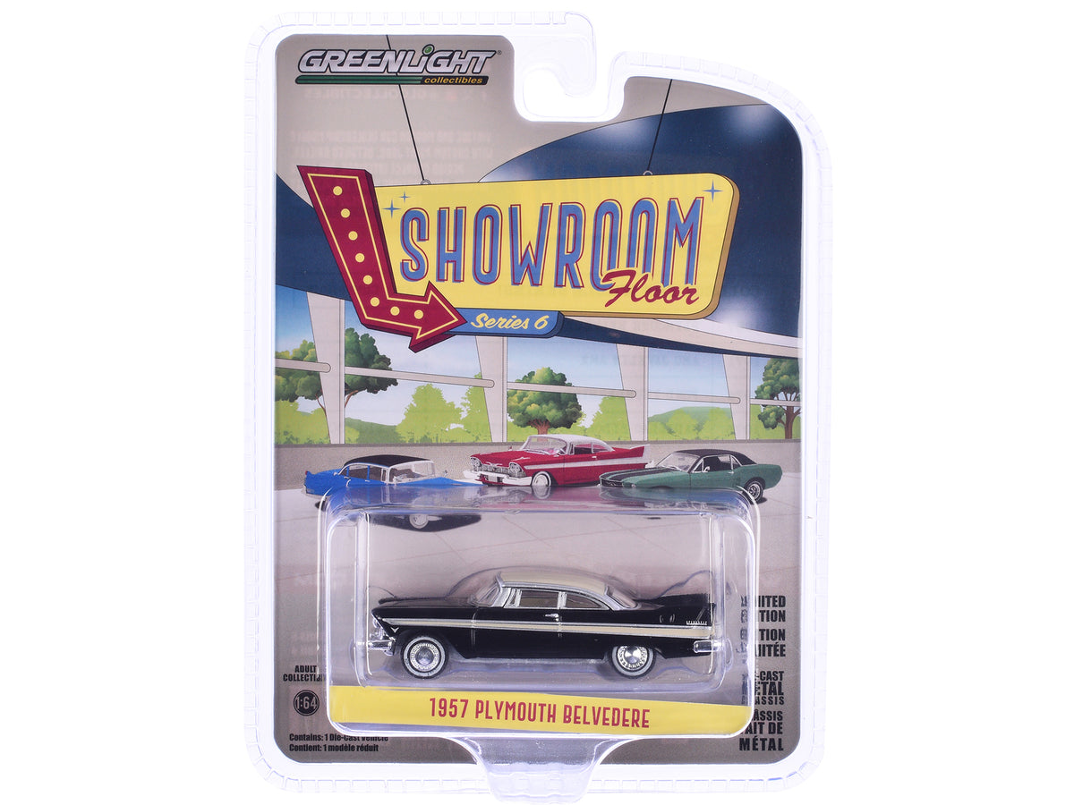 1957 Plymouth Belvedere Jet Black with Sand Dune White Top and Stripes "Showroom Floor" Series 6 1/64 Diecast Model Car