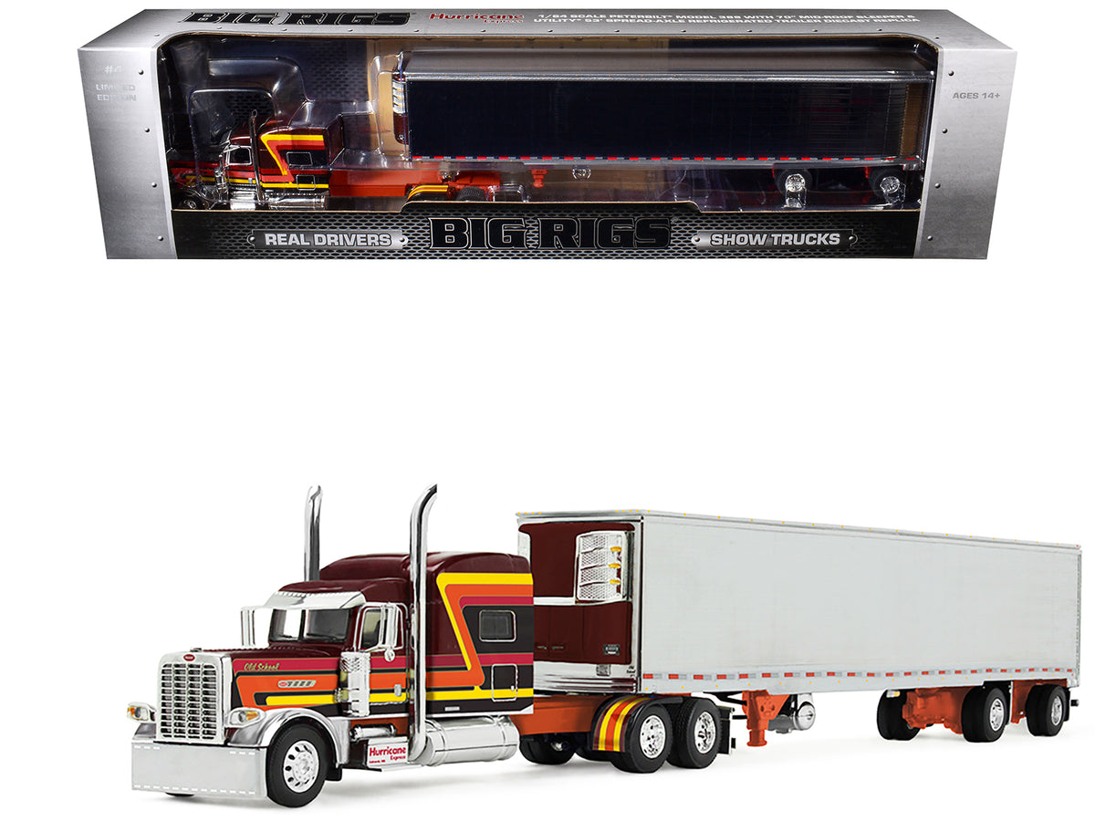Peterbilt 389 Pride-N-Class with 70" Mid-Roof Sleeper and 53' Utility Trailer with Reefer "Hurricane Express" Brown with Stripes "Big Rigs" Series II #4 1/64 Diecast Model