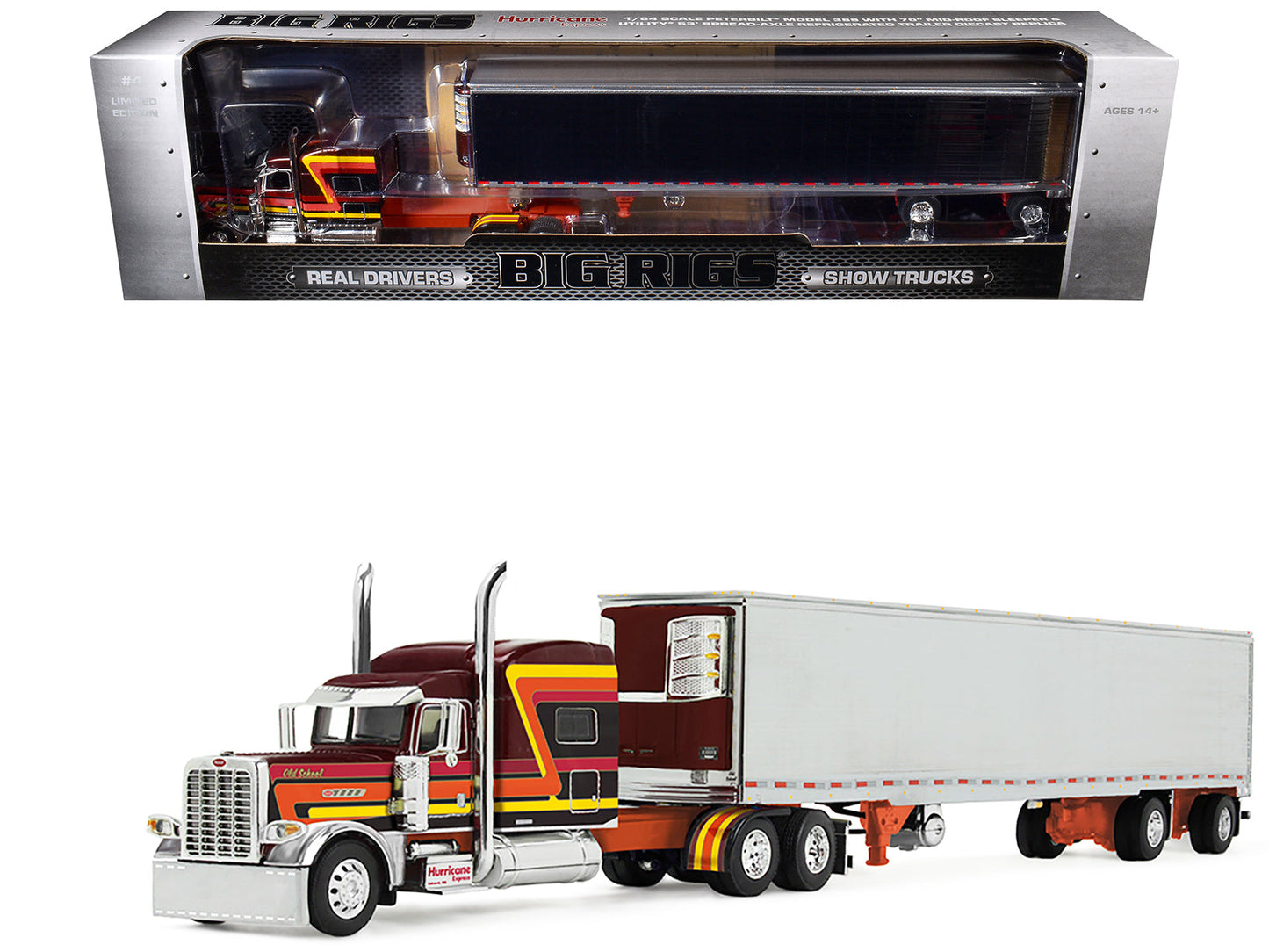 Peterbilt 389 Pride-N-Class with 70" Mid-Roof Sleeper and 53' Utility Trailer with Reefer "Hurricane Express" Brown with Stripes "Big Rigs" Series II #4 1/64 Diecast Model