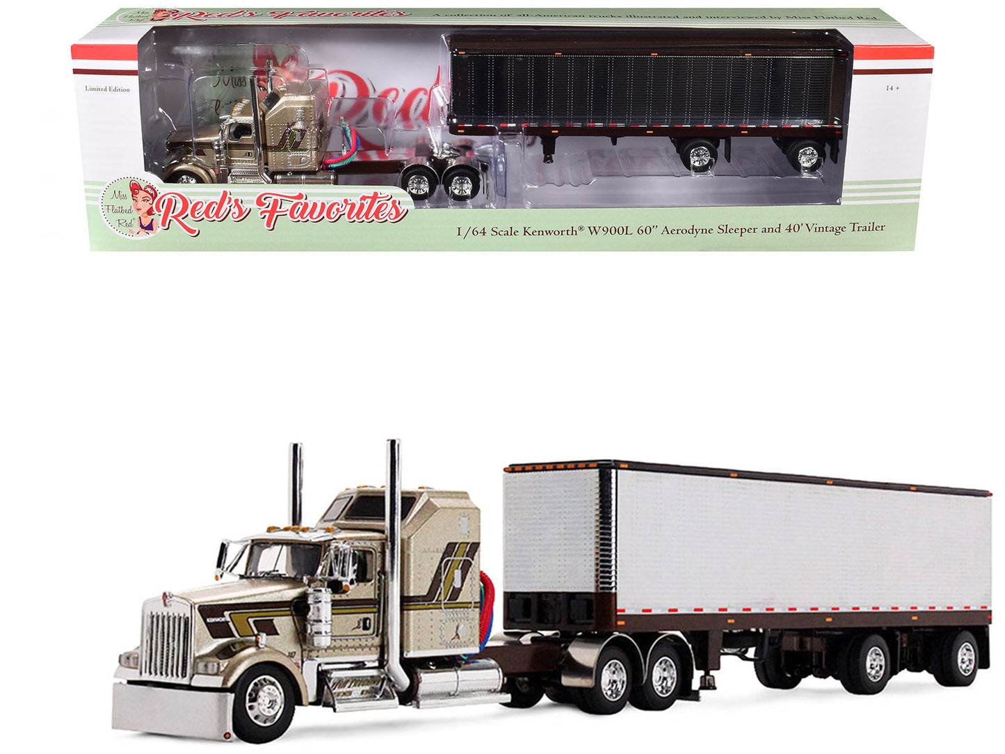 Kenworth W900L with 60" Aerodyne Sleeper and 40' Vintage Trailer "Red's Favorites - Jason Sanders" Beige with Stripes 1/64 Diecast Model