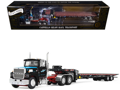 Ford LTL 9000 Day Cab and Landoll 440B-50CA Traveling Axle Trailer "Cappello Heavy Transport" Black with Blue Hood "Legacy" Series #3 1/64 Diecast Model
