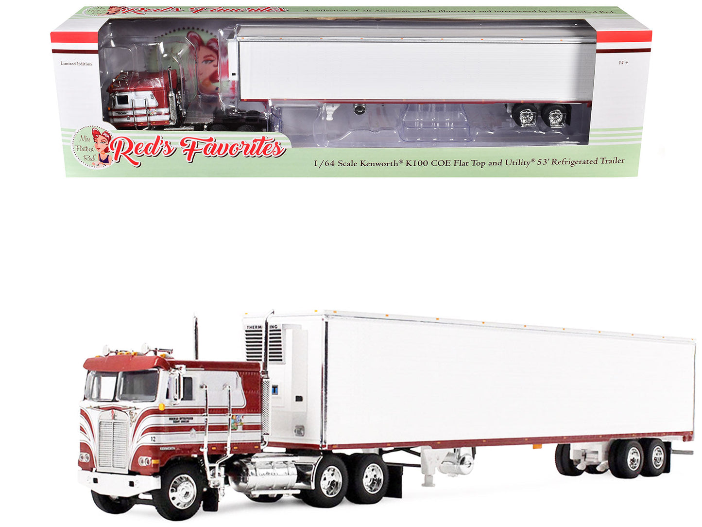 Kenworth K100 COE Flat Top and 53' Utility Trailer with Reefer "Red's Favorites - Jim Skrinar" Red with White Stripes 1/64 Diecast Model