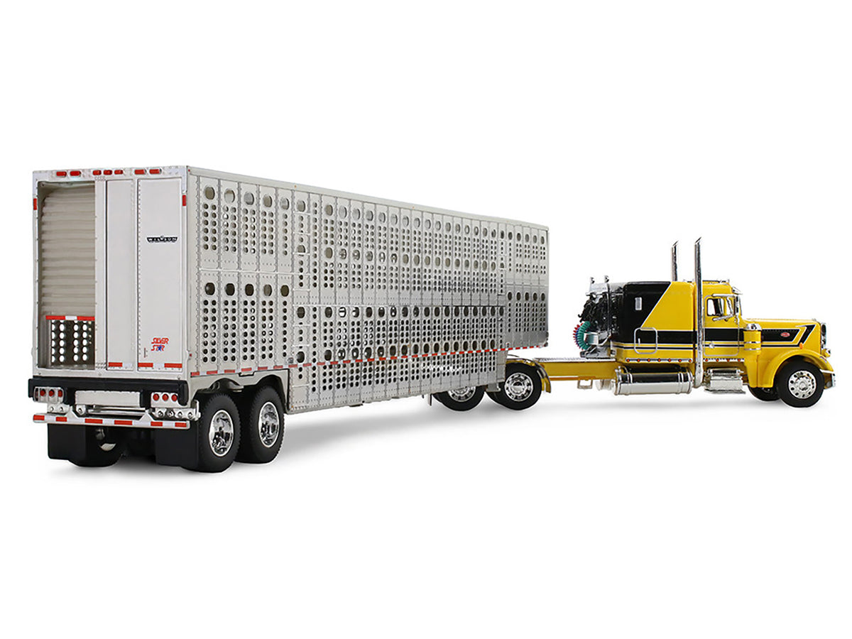 Peterbilt 359 with 63" Flat Top Sleeper & Wilson Silverstar Livestock Trailer "Red's Favorites - Hank Cosper" Yellow with Black Stripes 1/64 Diecast Model