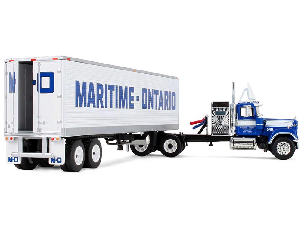Mack Super-Liner with 36" Vintage Sleeper and 40' Vintage Trailer with Reefer "Maritime-Ontario" Blue with White Stripes "Legacy" Series #4 1/64 Diecast Model