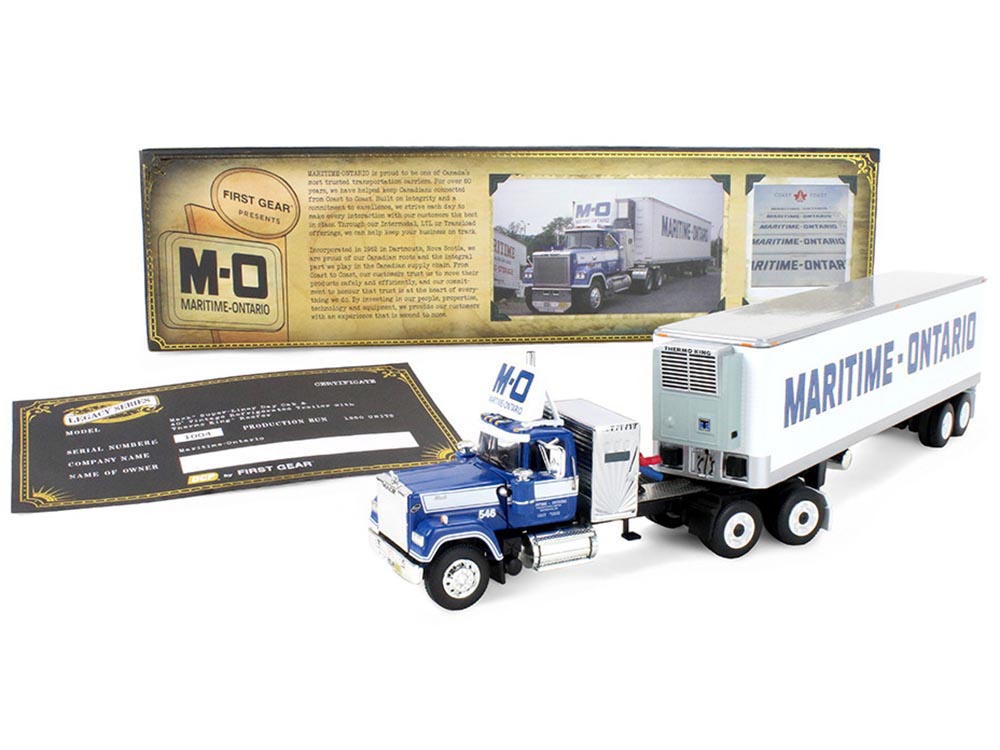 Mack Super-Liner with 36" Vintage Sleeper and 40' Vintage Trailer with Reefer "Maritime-Ontario" Blue with White Stripes "Legacy" Series #4 1/64 Diecast Model