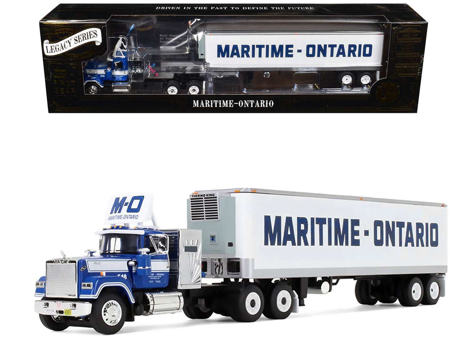 Mack Super-Liner with 36" Vintage Sleeper and 40' Vintage Trailer with Reefer "Maritime-Ontario" Blue with White Stripes "Legacy" Series #4 1/64 Diecast Model