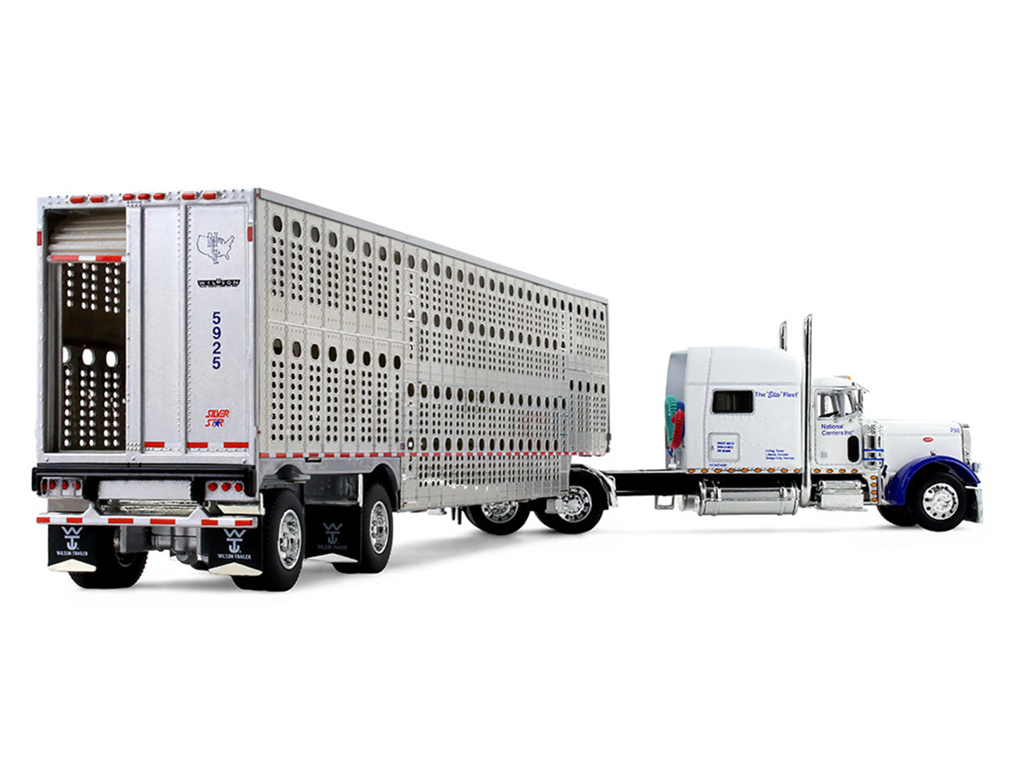 Peterbilt 379 with 70" Mid-Roof Sleeper and Wilson Silverstar Livestock Trailer "National Carriers" White "Legacy Series #5" 1/64 Diecast Model