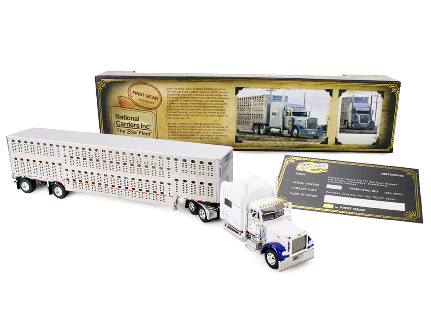 Peterbilt 379 with 70" Mid-Roof Sleeper and Wilson Silverstar Livestock Trailer "National Carriers" White "Legacy Series #5" 1/64 Diecast Model