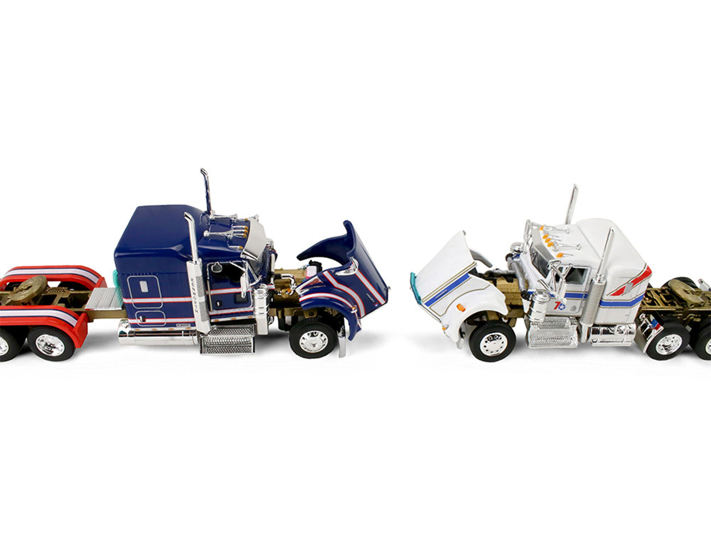 Kenworth W900L with 72" Aerocab Flat Top Sleeper Blue with White Stripes and Fontaine Magnitude Lowboy Trailer with Kenworth W900A Load White with Blue and Red Stripes "America 250" 1/64 Diecast Model