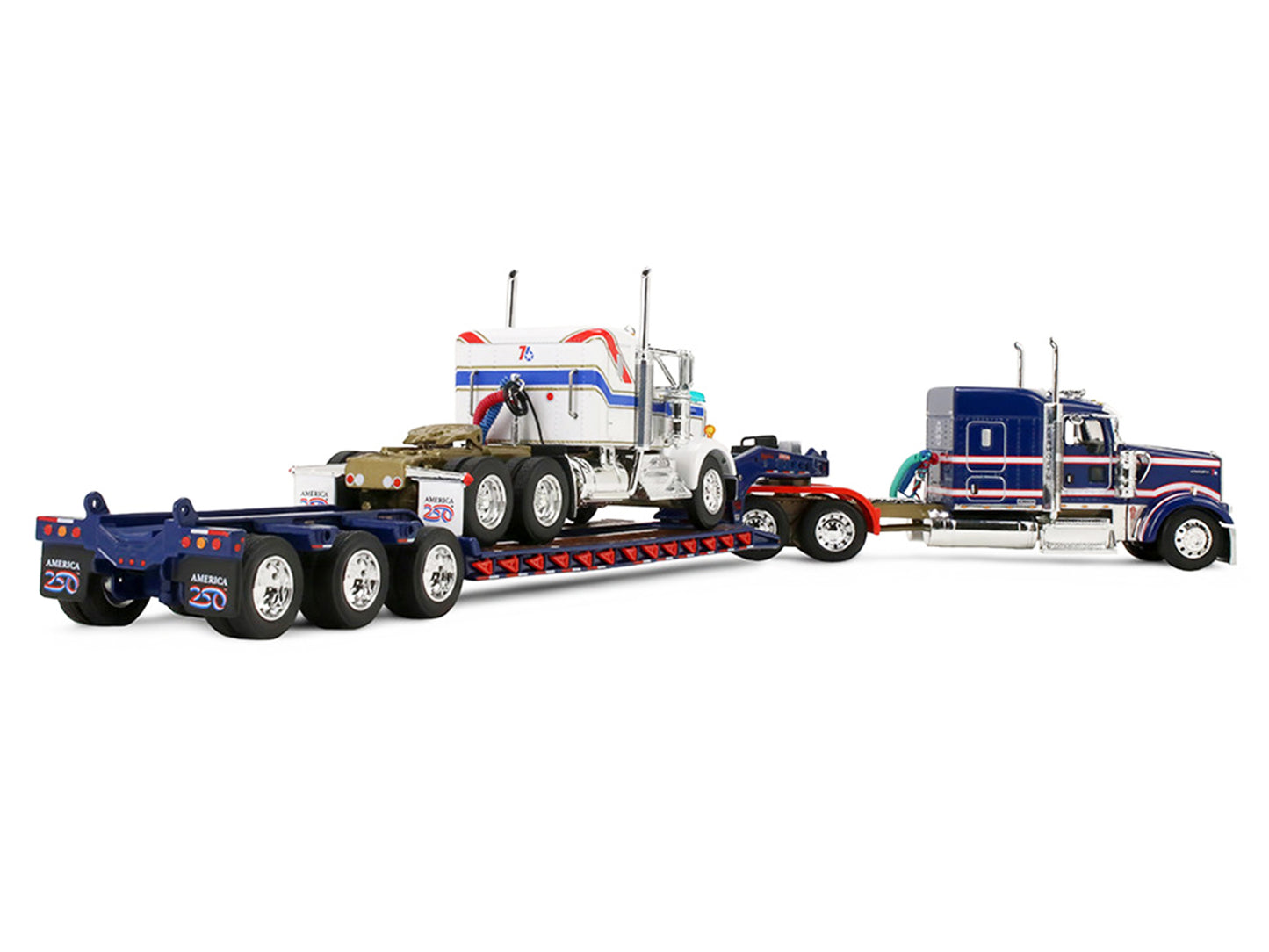 Kenworth W900L with 72" Aerocab Flat Top Sleeper Blue with White Stripes and Fontaine Magnitude Lowboy Trailer with Kenworth W900A Load White with Blue and Red Stripes "America 250" 1/64 Diecast Model