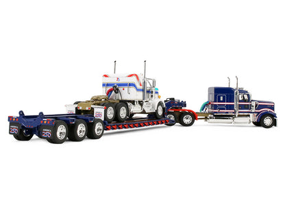 Kenworth W900L with 72" Aerocab Flat Top Sleeper Blue with White Stripes and Fontaine Magnitude Lowboy Trailer with Kenworth W900A Load White with Blue and Red Stripes "America 250" 1/64 Diecast Model