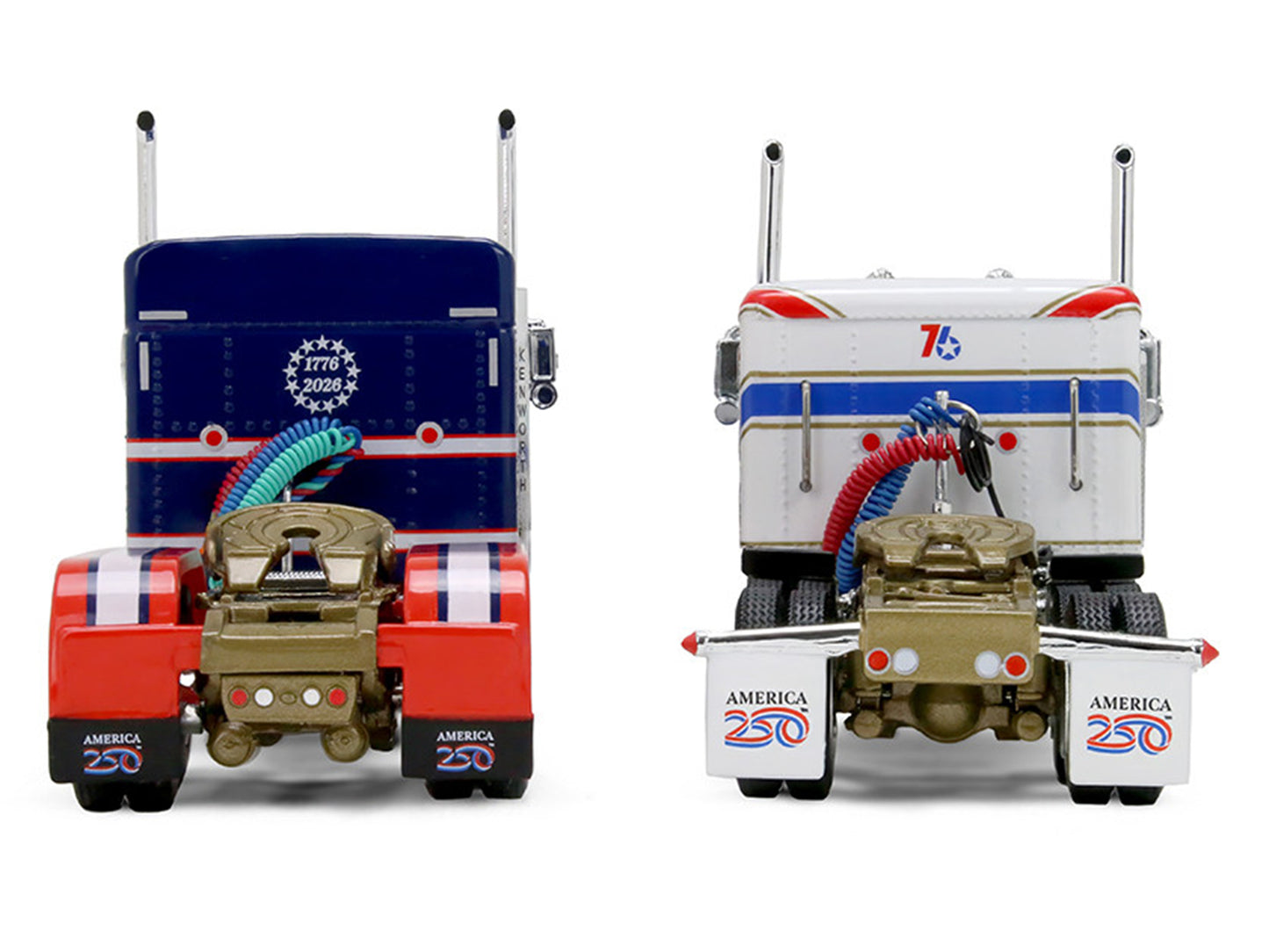 Kenworth W900L with 72" Aerocab Flat Top Sleeper Blue with White Stripes and Fontaine Magnitude Lowboy Trailer with Kenworth W900A Load White with Blue and Red Stripes "America 250" 1/64 Diecast Model