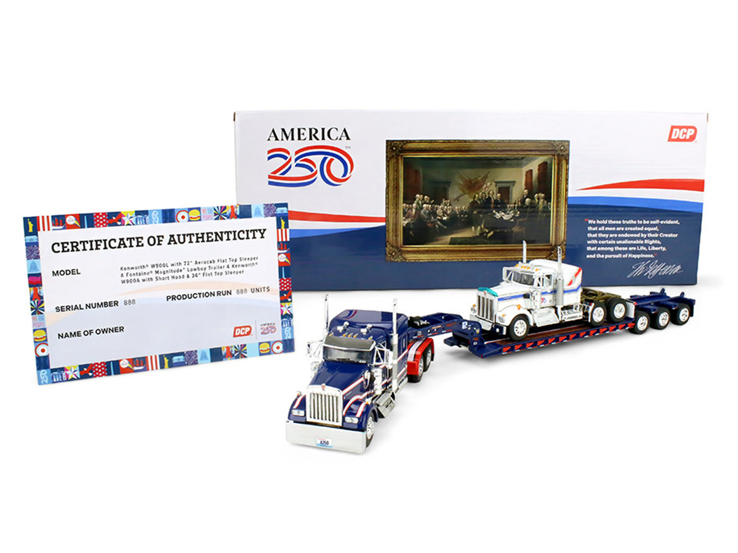 Kenworth W900L with 72" Aerocab Flat Top Sleeper Blue with White Stripes and Fontaine Magnitude Lowboy Trailer with Kenworth W900A Load White with Blue and Red Stripes "America 250" 1/64 Diecast Model