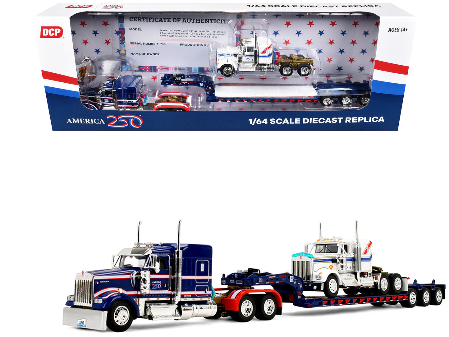 Kenworth W900L with 72" Aerocab Flat Top Sleeper Blue with White Stripes and Fontaine Magnitude Lowboy Trailer with Kenworth W900A Load White with Blue and Red Stripes "America 250" 1/64 Diecast Model