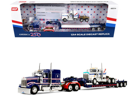 Kenworth W900L with 72" Aerocab Flat Top Sleeper Blue with White Stripes and Fontaine Magnitude Lowboy Trailer with Kenworth W900A Load White with Blue and Red Stripes "America 250" 1/64 Diecast Model