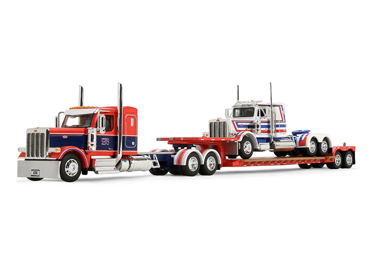 Peterbilt 589 with 44" Flat Top Sleeper Red with Blue Stripes and Fontaine Renegade LXT40 Lowboy Trailer with Peterbilt 359 Load White with Blue and Red Stripes "America 250" 1/64 Diecast Model