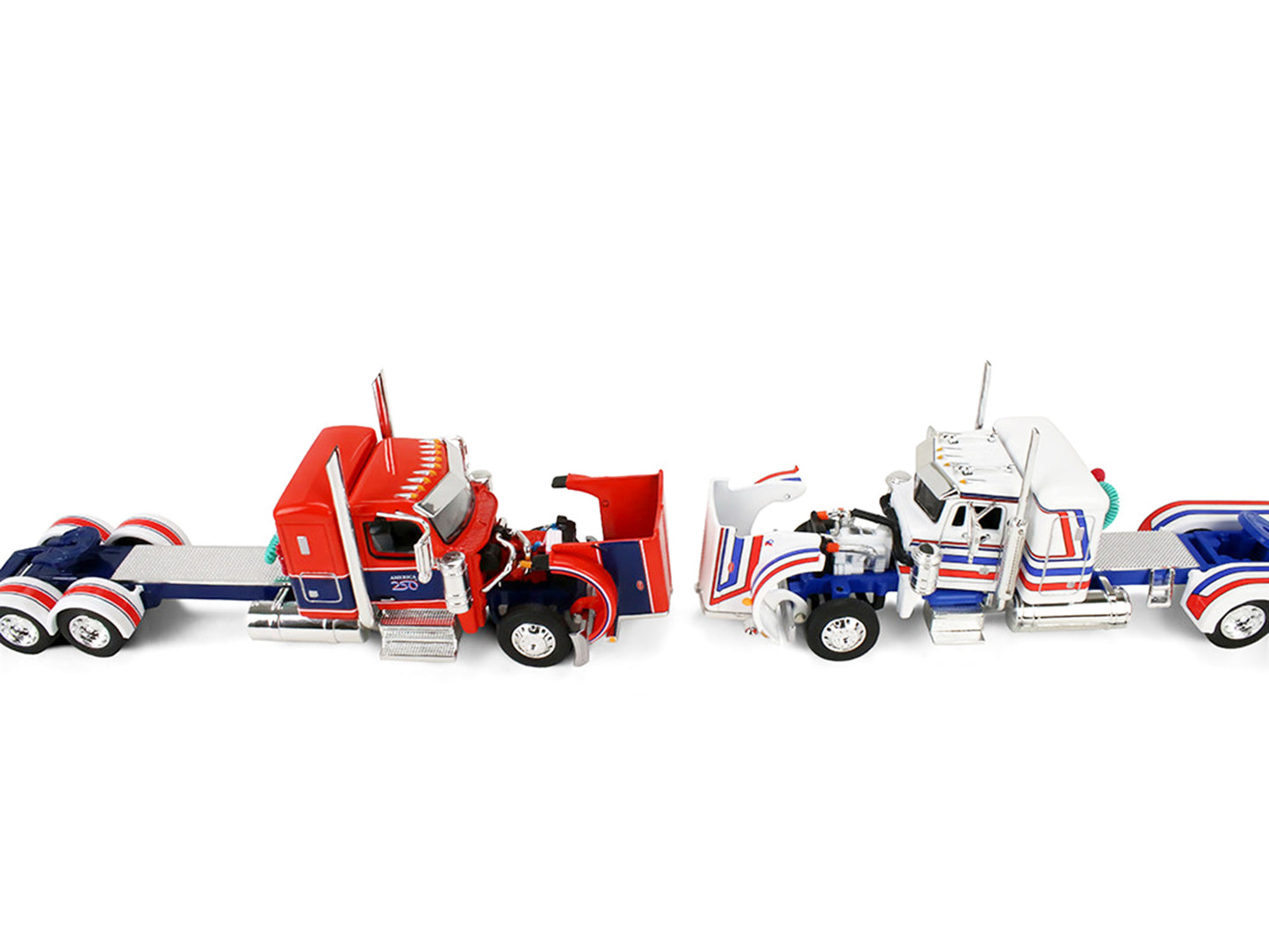 Peterbilt 589 with 44" Flat Top Sleeper Red with Blue Stripes and Fontaine Renegade LXT40 Lowboy Trailer with Peterbilt 359 Load White with Blue and Red Stripes "America 250" 1/64 Diecast Model
