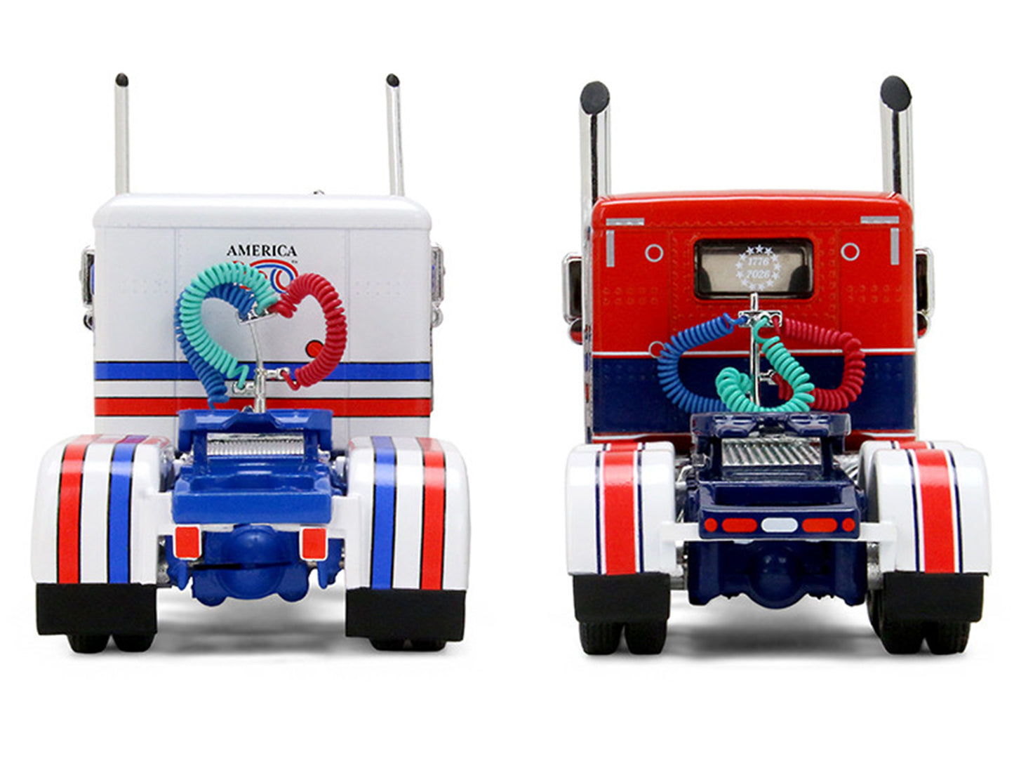 Peterbilt 589 with 44" Flat Top Sleeper Red with Blue Stripes and Fontaine Renegade LXT40 Lowboy Trailer with Peterbilt 359 Load White with Blue and Red Stripes "America 250" 1/64 Diecast Model
