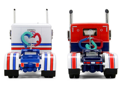 Peterbilt 589 with 44" Flat Top Sleeper Red with Blue Stripes and Fontaine Renegade LXT40 Lowboy Trailer with Peterbilt 359 Load White with Blue and Red Stripes "America 250" 1/64 Diecast Model