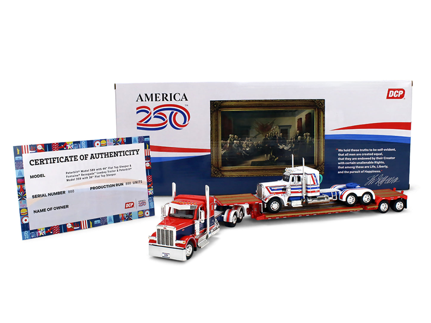 Peterbilt 589 with 44" Flat Top Sleeper Red with Blue Stripes and Fontaine Renegade LXT40 Lowboy Trailer with Peterbilt 359 Load White with Blue and Red Stripes "America 250" 1/64 Diecast Model