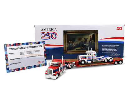 Peterbilt 589 with 44" Flat Top Sleeper Red with Blue Stripes and Fontaine Renegade LXT40 Lowboy Trailer with Peterbilt 359 Load White with Blue and Red Stripes "America 250" 1/64 Diecast Model