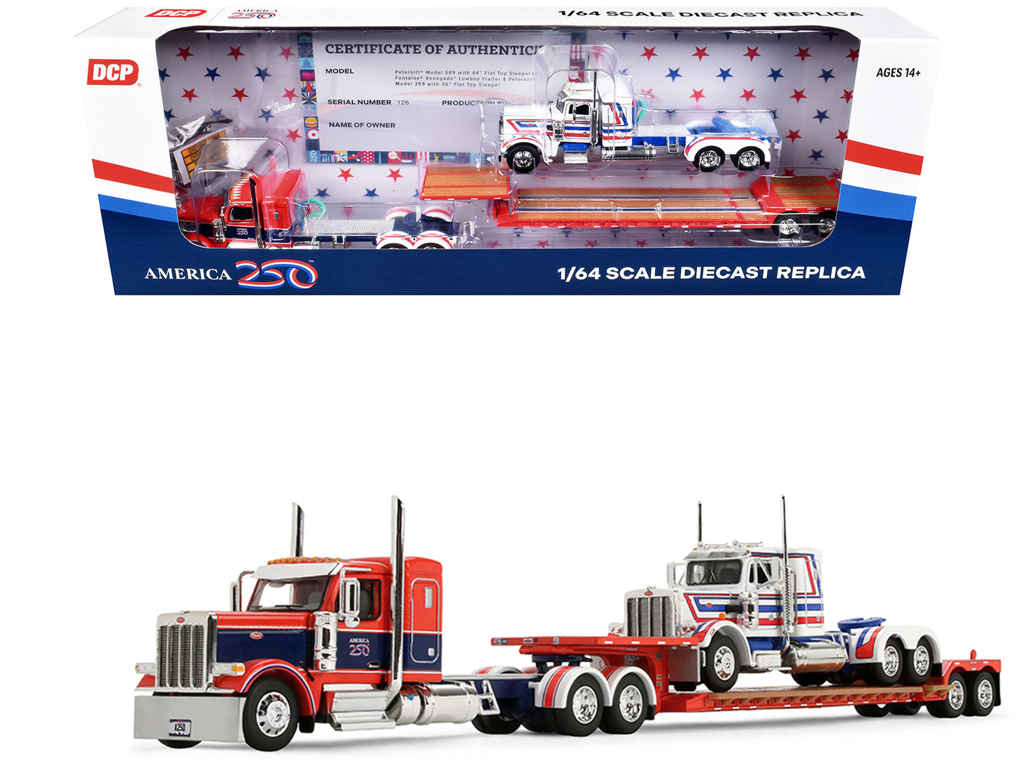 Peterbilt 589 with 44" Flat Top Sleeper Red with Blue Stripes and Fontaine Renegade LXT40 Lowboy Trailer with Peterbilt 359 Load White with Blue and Red Stripes "America 250" 1/64 Diecast Model