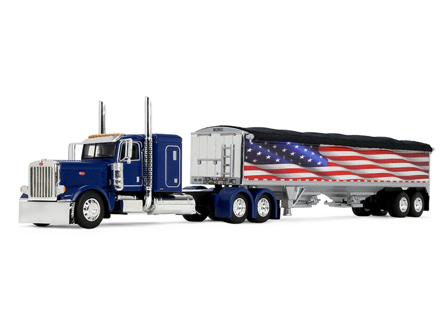 Peterbilt 389 with 48" Flat Top Sleeper and 43' Wilson Pacesetter High Side Grain Trailer "Wilson USA 250" Blue 1/64 Diecast Model