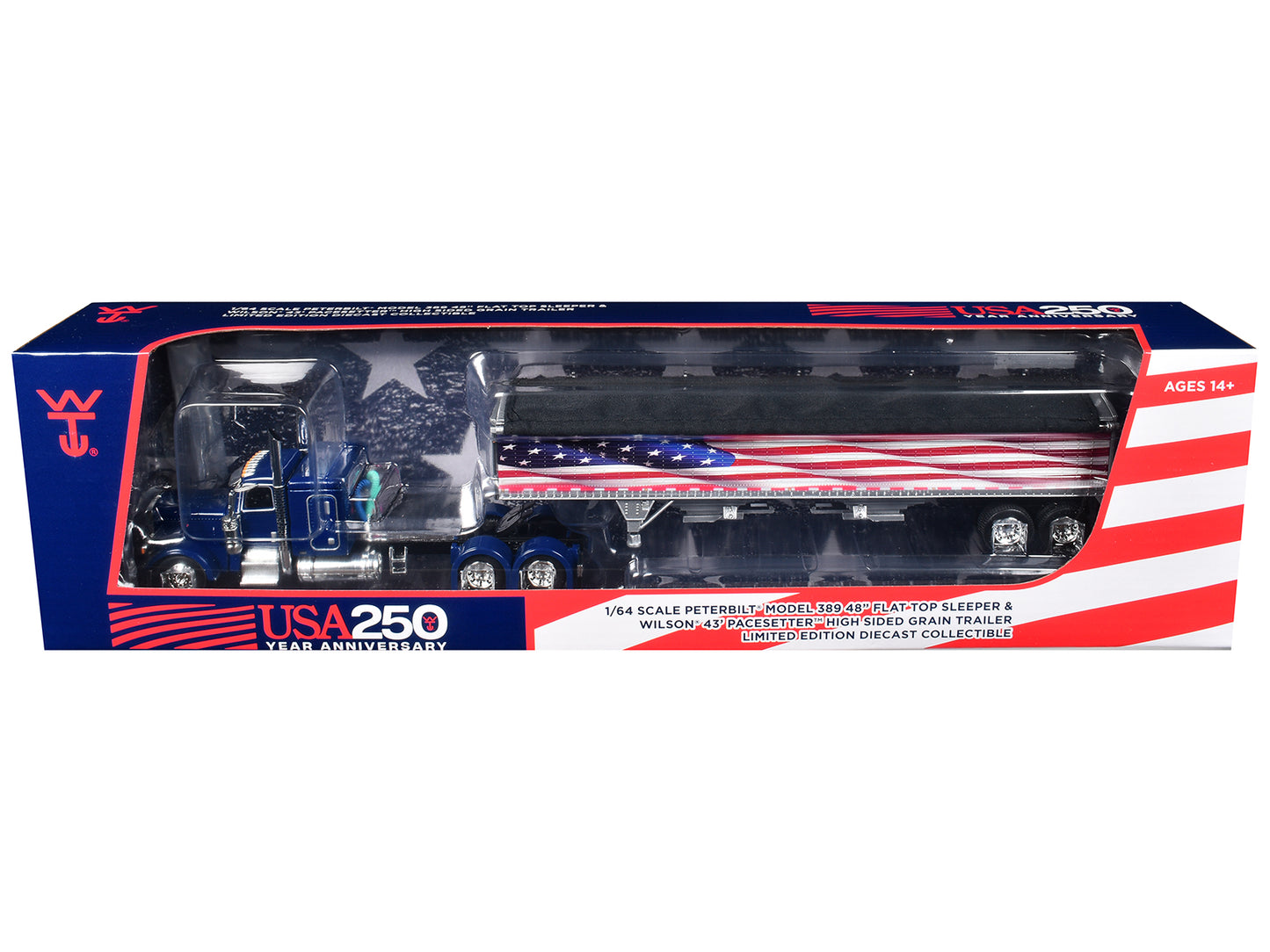 Peterbilt 389 with 48" Flat Top Sleeper and 43' Wilson Pacesetter High Side Grain Trailer "Wilson USA 250" Blue 1/64 Diecast Model