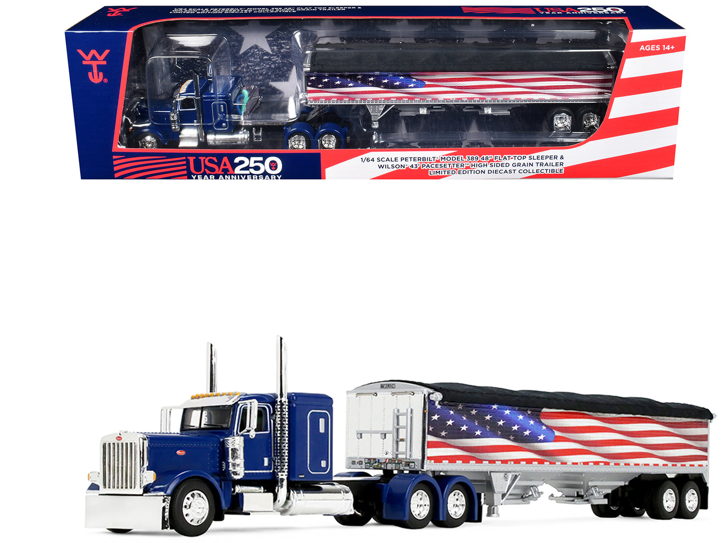 Peterbilt 389 with 48" Flat Top Sleeper and 43' Wilson Pacesetter High Side Grain Trailer "Wilson USA 250" Blue 1/64 Diecast Model