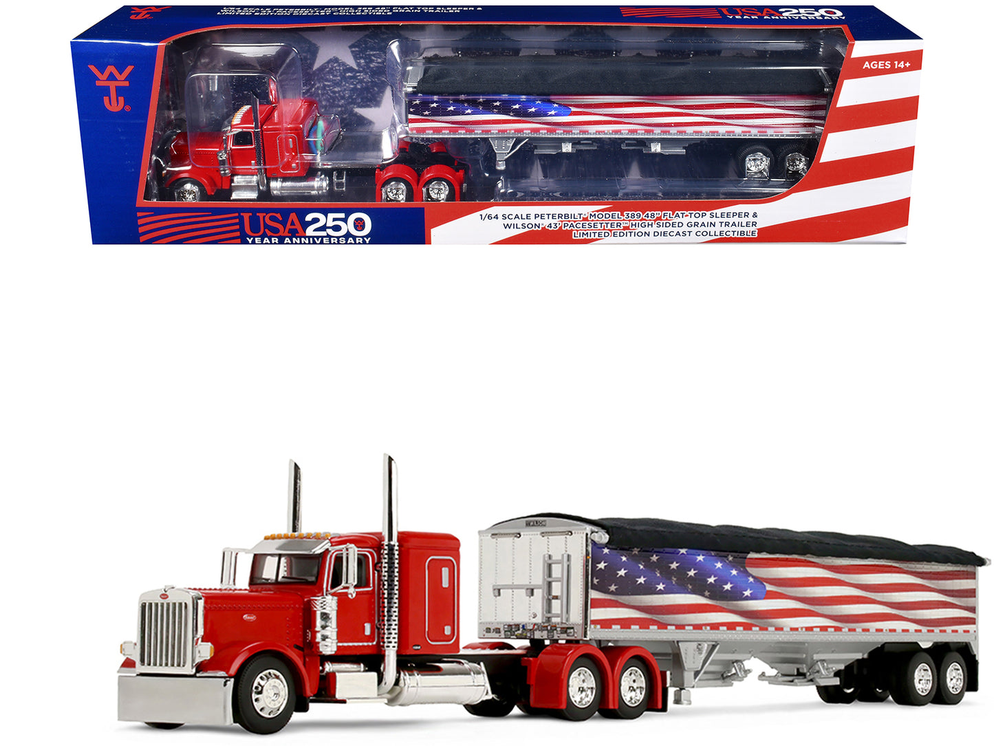 Peterbilt 389 with 48" Flat Top Sleeper and 43' Wilson Pacesetter High Side Grain Trailer "Wilson USA 250" Red 1/64 Diecast Model
