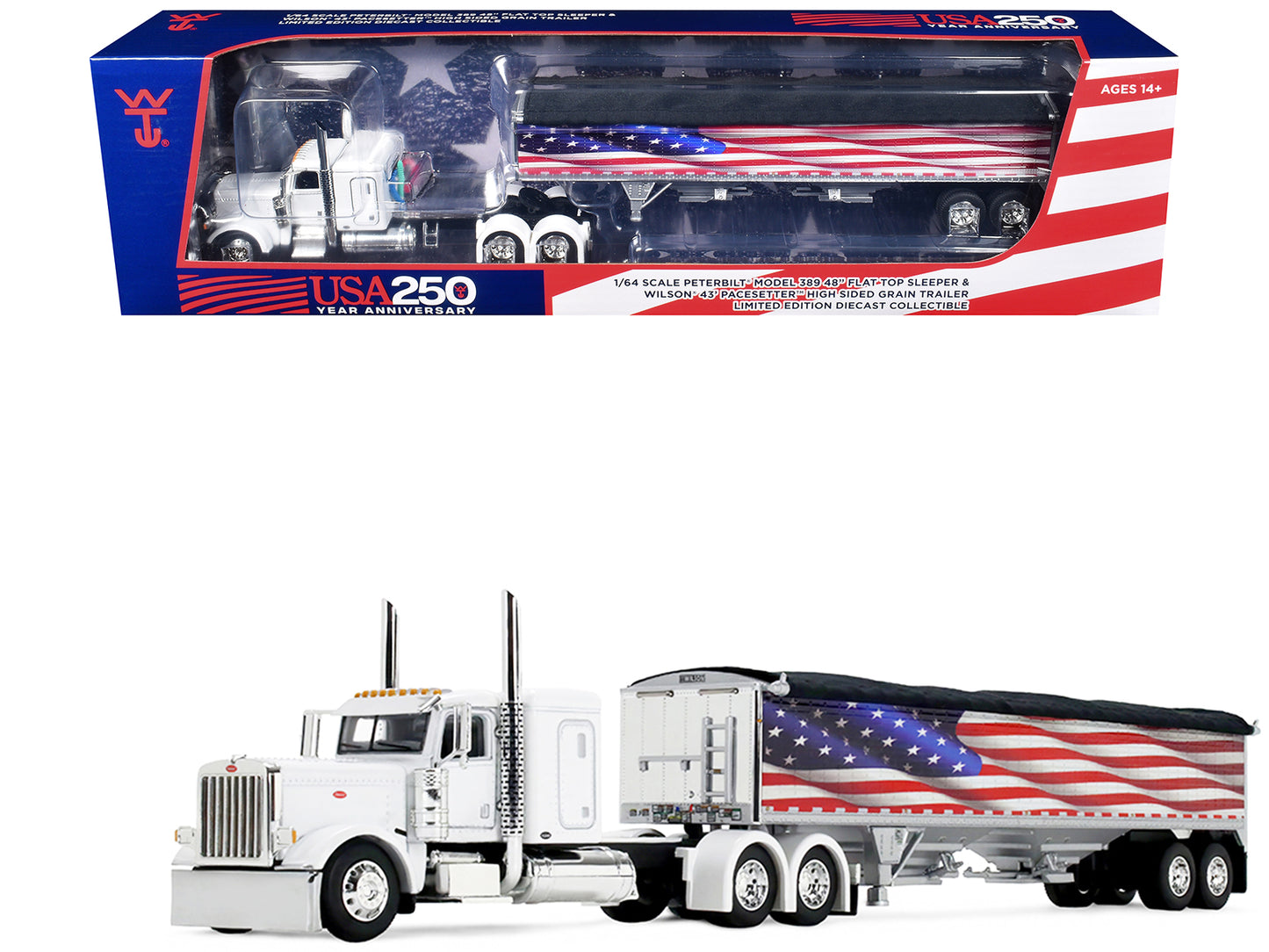 Peterbilt 389 with 48" Flat Top Sleeper and 43' Wilson Pacesetter High Side Grain Trailer "Wilson USA 250" White 1/64 Diecast Model