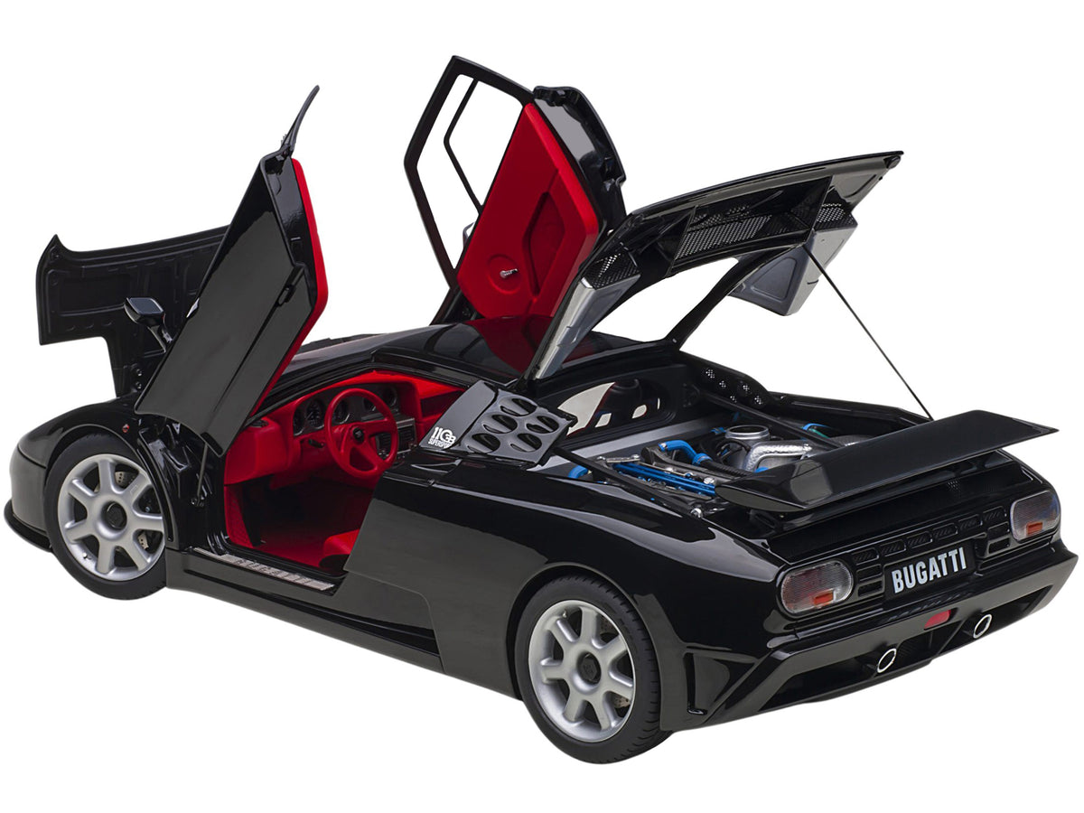 Bugatti EB110 SS Super Sport Nero Vernice Black with Red Interior and Silver Wheels 1/18 Model Car