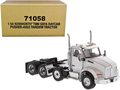 Kenworth T880 SBFA Day Cab Pusher-Axle Tandem Truck Tractor White Metallic 1/50 Diecast Model