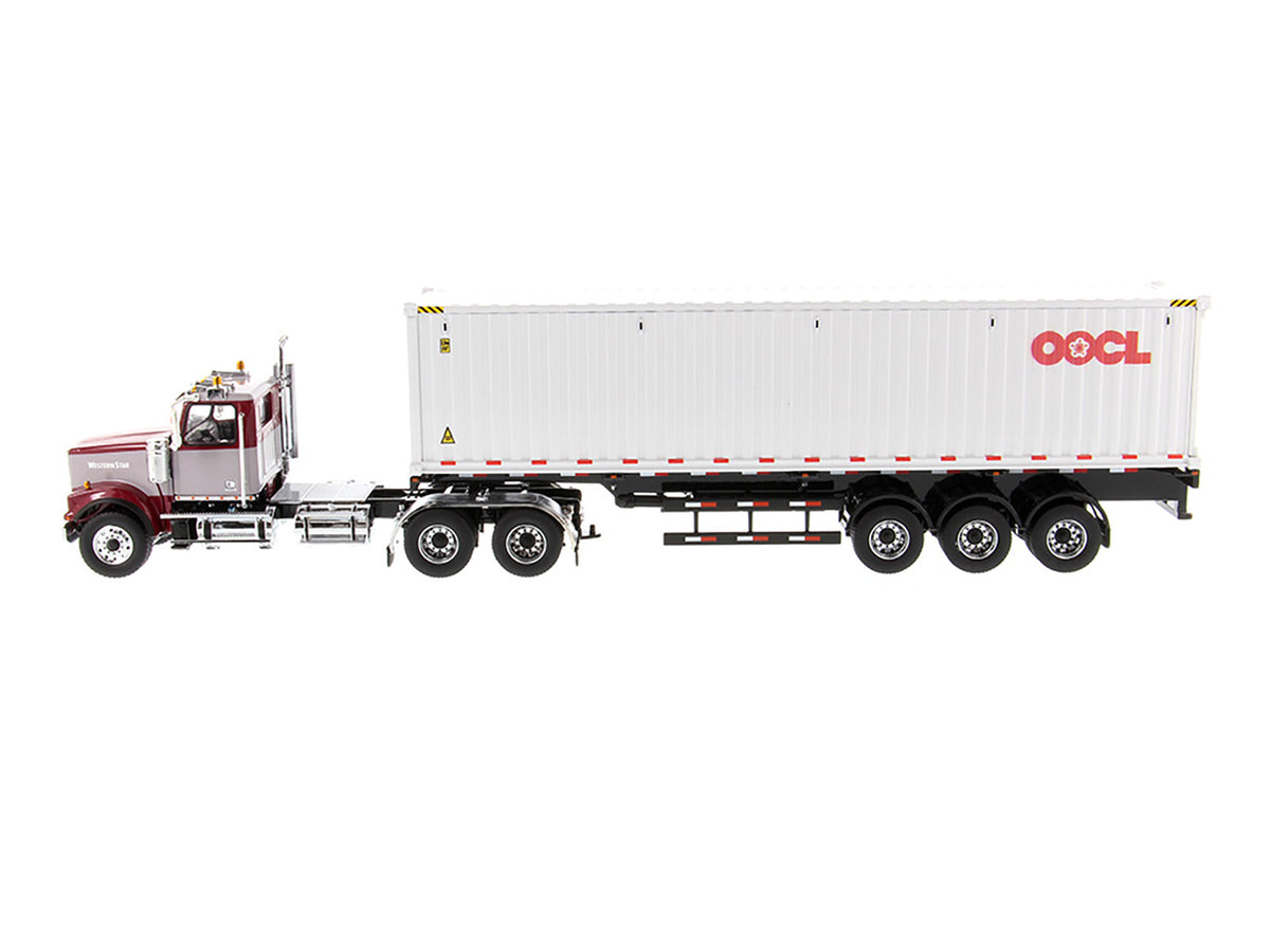 Western Star 4900 SF Tandem Day Cab Truck Tractor Red and Gray with 40' Dry Goods Sea Container "OOCL" White "Transport Series" 1/50 Diecast Model