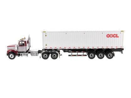 Western Star 4900 SF Tandem Day Cab Truck Tractor Red and Gray with 40' Dry Goods Sea Container "OOCL" White "Transport Series" 1/50 Diecast Model
