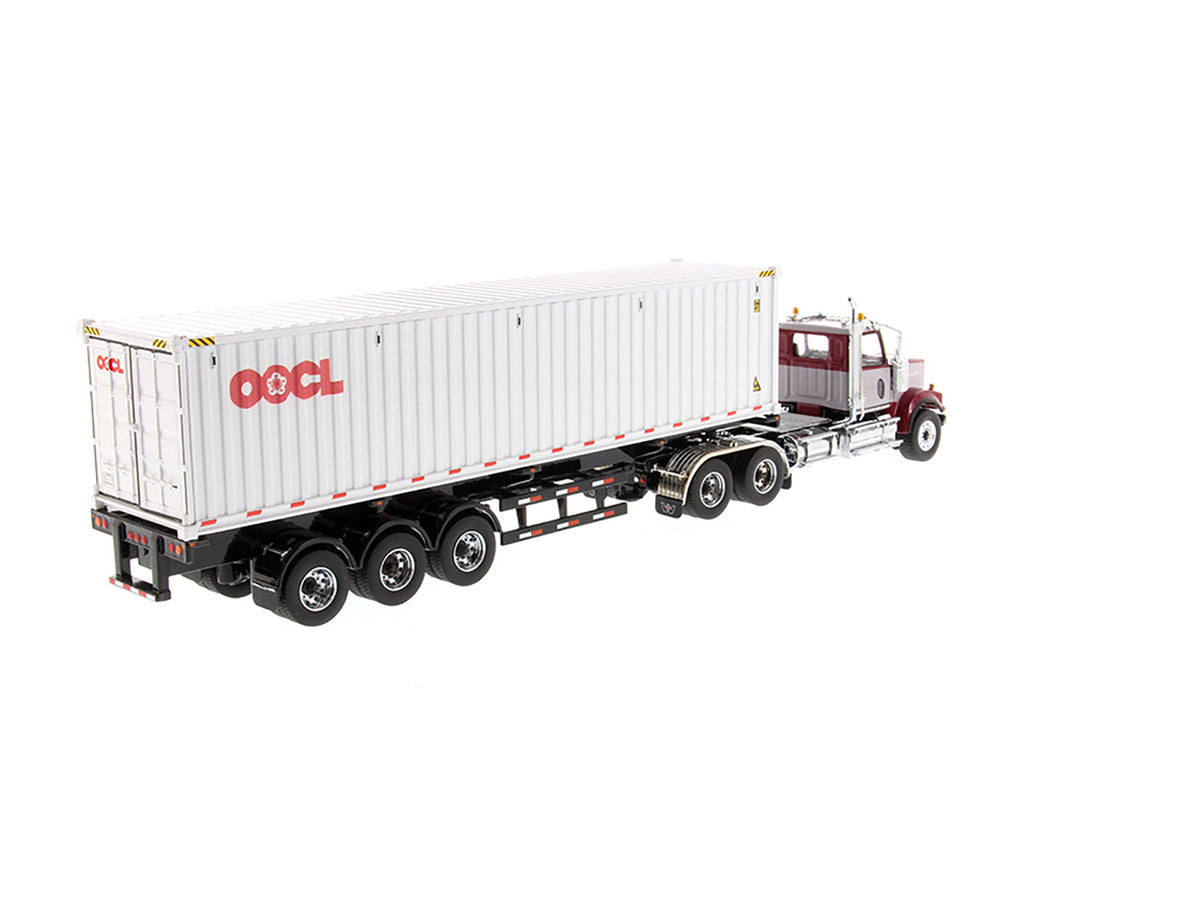 Western Star 4900 SF Tandem Day Cab Truck Tractor Red and Gray with 40' Dry Goods Sea Container "OOCL" White "Transport Series" 1/50 Diecast Model