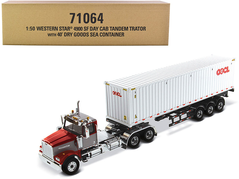Western Star 4900 SF Tandem Day Cab Truck Tractor Red and Gray with 40' Dry Goods Sea Container "OOCL" White "Transport Series" 1/50 Diecast Model