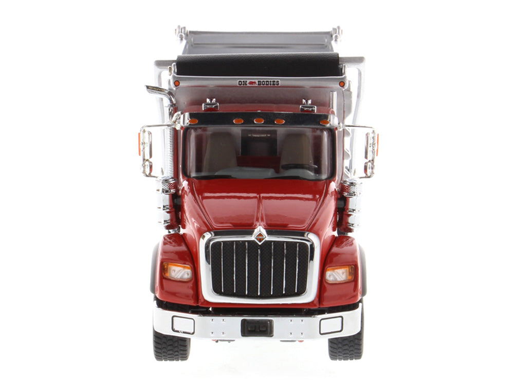 International HX620 Tandem Axle with Pusher Axle OX Stampede Dump Truck Red and Chrome "Transport Series" 1/50 Diecast Model