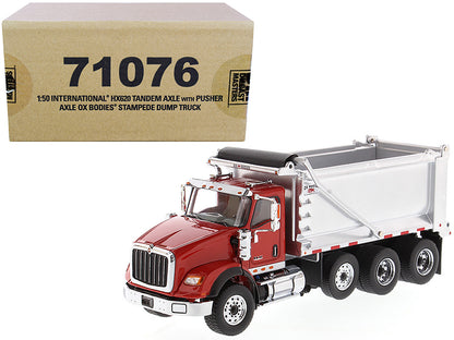 International HX620 Tandem Axle with Pusher Axle OX Stampede Dump Truck Red and Chrome "Transport Series" 1/50 Diecast Model
