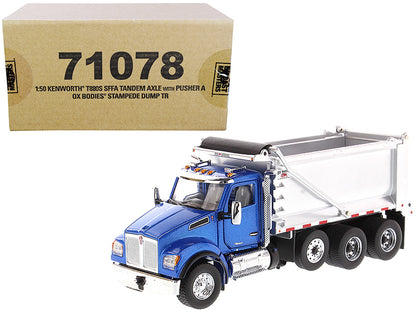 Kenworth T880S SFFA Tandem Axle with Pusher Axle OX Stampede Dump Truck Blue and Chrome "Transport Series" 1/50 Diecast Model