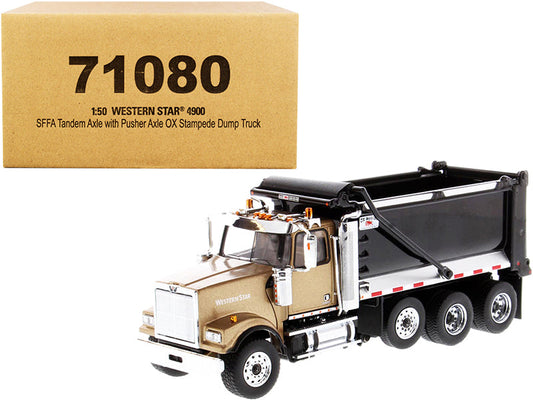 Western Star 4900 SFFA Tandem with Pusher Axle OX Stampede Dump Truck Gold and Black "Transport Series" 1/50 Diecast Model