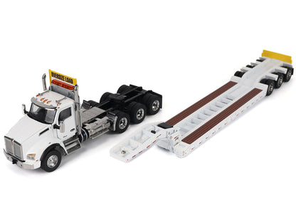 Kenworth T880 SBFA Tridem Truck with Trail King HDG Lowboy Trailer White "Transport Series" 1/50 Diecast Model