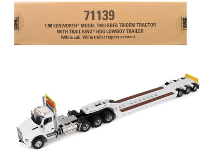Kenworth T880 SBFA Tridem Truck with Trail King HDG Lowboy Trailer White "Transport Series" 1/50 Diecast Model