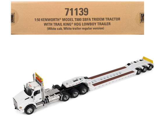 Kenworth T880 SBFA Tridem Truck with Trail King HDG Lowboy Trailer White "Transport Series" 1/50 Diecast Model