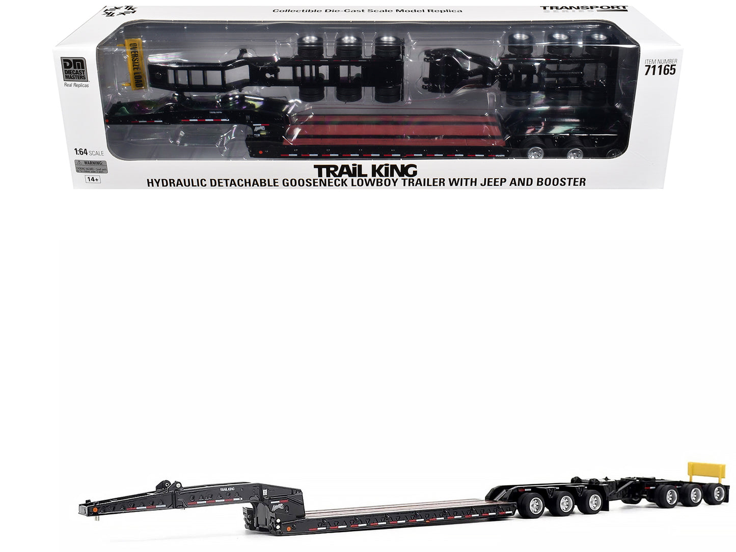 Trail King TK170 Hydraulic Detachable Gooseneck Lowboy Trailer Black with Jeep and Booster "Transport Series" 1/64 Diecast Model